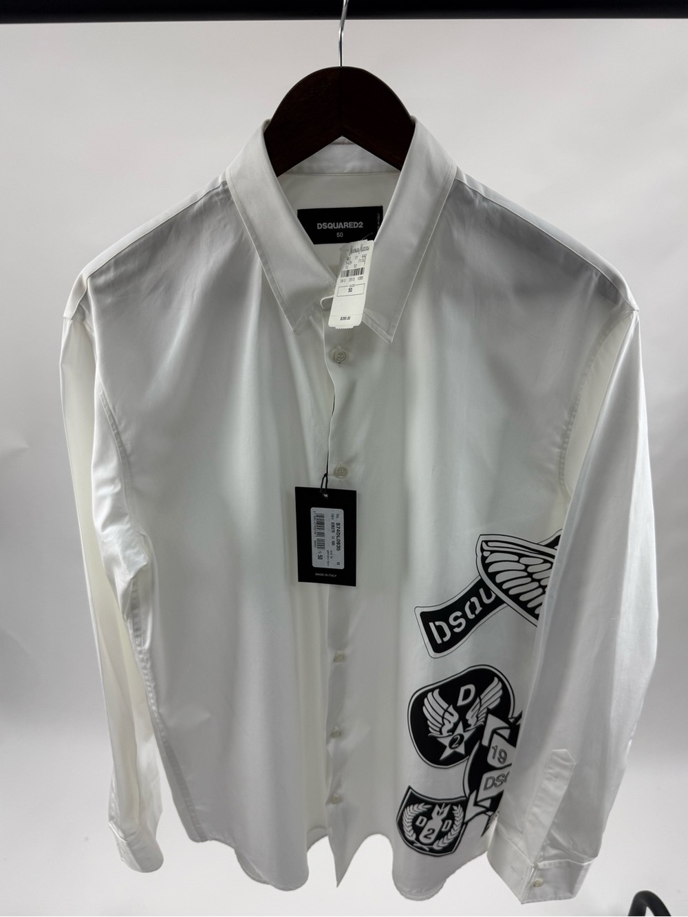 DSQUARED2 White Button-Down Shirt with Black Graphic Patches